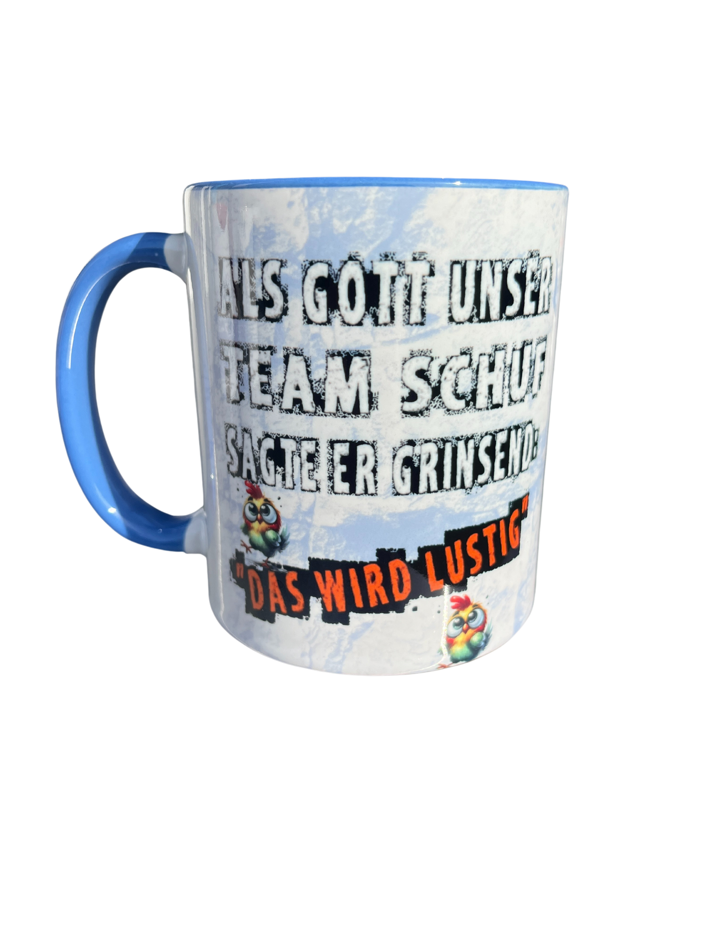 Geschenktasse Als Gott unser Team schuf